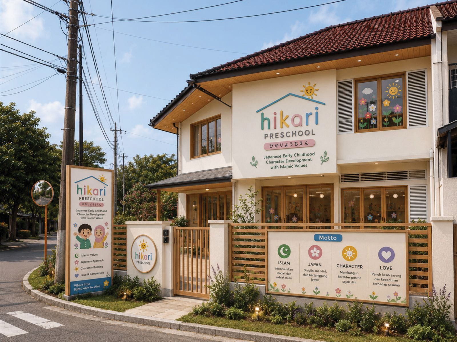 Konsep gedung sekolah permanen HIKARI Preschool 2027, bangunan bergaya Jepang dengan papan nama hikari preschool