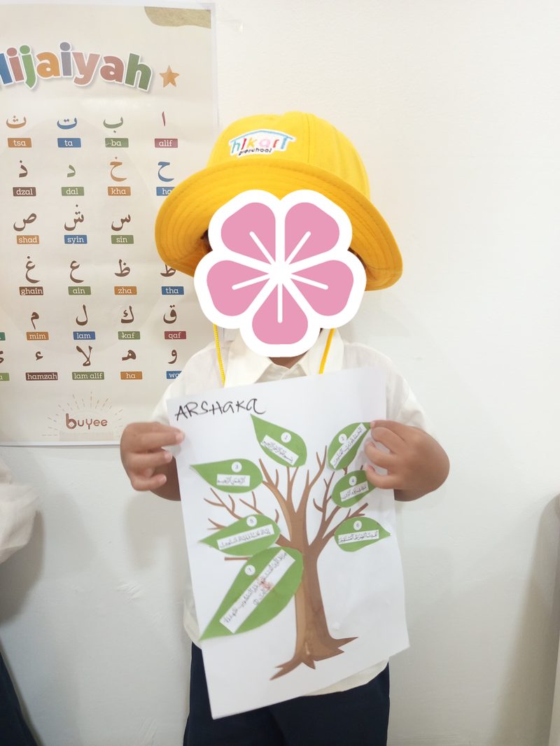Anak menunjukkan pohon silsilah keluarga di depan poster hijaiyah